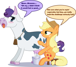 Size: 2462x2152 | Tagged: safe, artist:blupolicebox, character:applejack, character:rarity, species:cow, species:earth pony, species:pony, aftermath, bedroom eyes, bell, blushing, bucket, cowbell, cowified, dialogue, duo, duo female, female, female orgasm, floppy ears, grin, high res, implied lesbian, implied rarijack, implied shipping, lesbian, looking at each other, looking back, looking forward, milk, milking, moo, open mouth, orgasm, raricow, show accurate, simple background, sitting, smiling, species swap, speech bubble, speech change, stool, tongue out, transformed, transparent background, udder