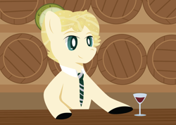 Size: 1024x724 | Tagged: safe, artist:lordswinton, oc, oc only, oc:draco, species:pony, bar, barrel, bartender, brown, closed species, cocktail, cocktail colt, drink, glass, green, male, necktie, solo, stallion, wine glass