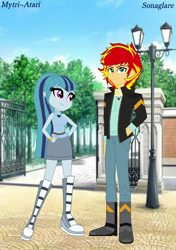 Size: 570x810 | Tagged: safe, artist:mytri-atari, character:sonata dusk, character:sunset shimmer, equestria girls:friendship games, g4, my little pony: equestria girls, my little pony:equestria girls, boots, bracelet, clothing, equestria guys, female, half r63 shipping, jacket, jewelry, male, necklace, rule 63, shipping, shoes, sonaglare, straight, sunset glare