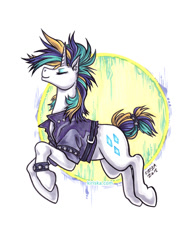 Size: 613x788 | Tagged: safe, artist:kiriska, character:rarity, species:pony, species:unicorn, episode:it isn't the mane thing about you, g4, my little pony: friendship is magic, alternate hairstyle, clothing, ear piercing, eyes closed, female, jacket, leaping, leather jacket, mare, piercing, punk, punkity, short tail, solo, tail band, traditional art