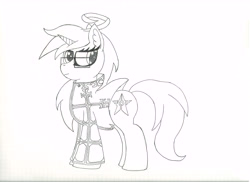 Size: 7813x5681 | Tagged: safe, artist:laurelcrown, oc, species:pony, species:unicorn, absurd resolution, ahoge, clothing, dress, glasses, lineart, monochrome, solo, the canterlonians, traditional art