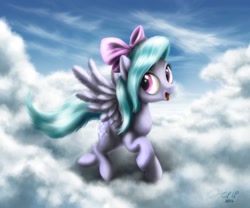 Size: 1800x1500 | Tagged: safe, artist:dcpip, character:flitter, species:pegasus, species:pony, cloud, cloudy, female, flying, hair bow, happy, mare, open mouth, sky, smiling, solo