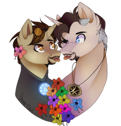 Size: 1024x1072 | Tagged: safe, artist:shade4568, species:pony, bust, doctor strange, flower, gay, heart eyes, male, marvel, mlem, ponified, portrait, shipping, silly, simple background, tongue out, tony stark, transparent background, wingding eyes