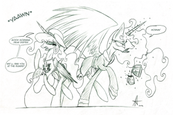 Size: 1500x996 | Tagged: safe, artist:ardas91, character:princess celestia, character:princess luna, coffee, monochrome, morning, morning ponies, sketch