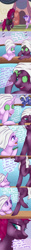 Size: 1000x8000 | Tagged: safe, artist:ericative, character:fizzlepop berrytwist, character:starlight glimmer, character:tempest shadow, oc, species:earth pony, species:pony, species:unicorn, my little pony: the movie (2017), ask-fizzlepop, broken horn, cloak, clothing, comic, cucumber, dialogue, eye scar, food, magic, ponyville, ponyville spa, saddle bag, scar, spa, telekinesis, towel