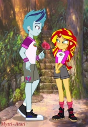 Size: 2100x3000 | Tagged: safe, artist:mytri-atari, character:sonata dusk, character:sunset shimmer, equestria girls:legend of everfree, g4, my little pony: equestria girls, my little pony:equestria girls, bracelet, camp everfree outfits, converse, ear piercing, earring, equestria guys, female, half r63 shipping, jewelry, male, piercing, rule 63, scherzo lesto, shipping, shoes, spiked wristband, straight, sunlesto, wristband