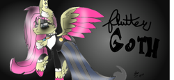 Size: 1366x629 | Tagged: safe, artist:fuchsia flame, character:fluttershy, species:pegasus, species:pony, episode:fake it 'til you make it, 1000 hours in sketchpad, art, bare hooves, bedroom eyes, buttons, chest fluff, choker, clothing, dress, eyeshadow, female, fluttergoth, fluttergoth is best waifu, goth, jewelry, makeup, mare, necklace, piercing