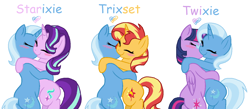 Size: 1338x583 | Tagged: safe, artist:geekcoffee, character:starlight glimmer, character:sunset shimmer, character:trixie, character:twilight sparkle, character:twilight sparkle (alicorn), species:alicorn, species:pony, species:unicorn, ship:startrix, ship:suntrix, ship:twixie, bipedal, eyes closed, female, happy, hug, lesbian, mare, shipping, trixie gets all the mares