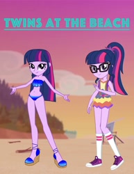 Size: 2550x3300 | Tagged: safe, artist:huntercwalls, character:twilight sparkle, character:twilight sparkle (scitwi), species:eqg human, episode:lost and found, g4, my little pony: equestria girls, my little pony:equestria girls, beach, bikini, clothing, converse, doppelganger, friendship, happy, high heels, shoes, sunset, swimsuit, twolight