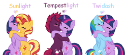 Size: 1424x620 | Tagged: safe, artist:geekcoffee, artist:harm0nic-bases, base used, character:rainbow dash, character:sunset shimmer, character:tempest shadow, character:twilight sparkle, character:twilight sparkle (alicorn), species:alicorn, species:pegasus, species:pony, species:unicorn, ship:sunsetsparkle, ship:tempestlight, ship:twidash, my little pony: the movie (2017), blushing, eye scar, eyes closed, female, hug, kissing, lesbian, mare, scar, shipping, simple background, smiling, white background