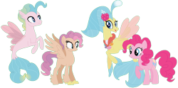 Size: 1330x660 | Tagged: safe, artist:margaretlovez, character:pinkie pie, character:princess skystar, oc, oc:dewdrop, oc:firefly, parent:pinkie pie, parent:princess skystar, parents:skypie, species:classical hippogriff, species:earth pony, species:hippogriff, species:pony, species:seapony (g4), ship:skypie, my little pony: the movie (2017), family, female, lesbian, magical lesbian spawn, male, mare, offspring, raised hoof, seashell necklace, shipping, simple background, spread wings, transparent background, wings
