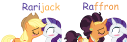 Size: 1550x518 | Tagged: safe, artist:geekcoffee, artist:mintybases, base used, character:applejack, character:rarity, character:saffron masala, species:earth pony, species:pony, species:unicorn, ship:rarijack, base bused, blushing, eyes closed, female, kissing, lesbian, mare, raffron, shipping, simple background, surprise kiss, white background