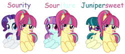 Size: 1179x511 | Tagged: safe, artist:drugzrbad, artist:geekcoffee, base used, character:juniper montage, character:rarity, character:sour sweet, character:sunny flare, species:earth pony, species:pony, species:unicorn, blushing, crack shipping, equestria girls ponified, female, glasses, junipersweet, lesbian, mare, ponified, shipping, simple background, sourflare, sourity, white background