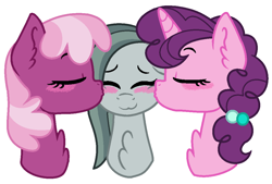 Size: 1068x724 | Tagged: safe, artist:geekcoffee, character:cheerilee, character:marble pie, character:sugar belle, species:earth pony, species:pony, species:unicorn, ship:marbelle, ship:marbilee, ship:sugarlee, ship:sugarmarilee, blushing, cheeribetes, chest fluff, cute, eyes closed, female, kiss on the cheek, kiss sandwich, kissing, lesbian, marblebetes, mare, polyamory, polygamy, shipping, simple background, sugarbetes, trio, white background