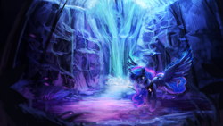Size: 3840x2160 | Tagged: safe, artist:vanillaghosties, character:princess luna, species:alicorn, species:pony, g4, color porn, digital art, dream, dream walker luna, dreamscape, female, flying, mare, painting, scenery, scenery porn, solo, spread wings, wallpaper, water, waterfall, wings