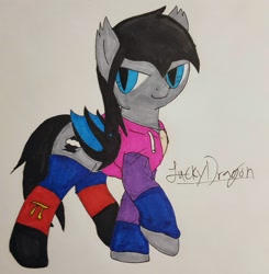 Size: 2660x2714 | Tagged: safe, artist:lucky dragon, oc, oc only, oc:dark water, species:bat pony, species:pony, bat pony oc, bisexual pride flag, bisexuality, clothing, hoodie, jewelry, male, necklace, polyamory pride flag, pride, pride month, signature, simple background, socks, stallion, traditional art