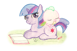 Size: 600x398 | Tagged: safe, artist:emfen, character:spike, character:twilight sparkle, baby dragon, baby spike, book, cute, filly, filly twilight sparkle, looking at you, prone, simple background, smiling, transparent background