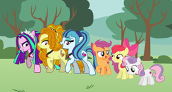 Size: 1752x936 | Tagged: safe, artist:3d4d, artist:dragonmaster137, artist:scootaloooo, artist:sketchmcreations, character:adagio dazzle, character:apple bloom, character:aria blaze, character:scootaloo, character:sonata dusk, character:sweetie belle, species:pony, cutie mark crusaders, equestria girls ponified, gem, ponified, siren gem, the dazzlings, this will not end well