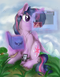 Size: 1250x1600 | Tagged: safe, artist:check3256, character:twilight sparkle, character:twilight sparkle (alicorn), species:alicorn, species:pony, book, cutie mark, earbuds, female, ipod, javascript, outdoors, programming, solo, unshorn fetlocks