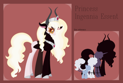 Size: 1024x689 | Tagged: safe, artist:chaserofthelight99, base used, oc, oc only, oc:ingenia essent, parent:lord tirek, parent:princess celestia, parents:celestirek, cloven hooves, female, horns, hybrid, interspecies offspring, multiple limbs, offspring, reference sheet, size chart, size comparison, solo