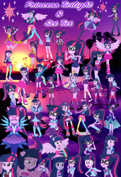 Size: 3900x5700 | Tagged: safe, artist:huntercwalls, character:twilight sparkle, character:twilight sparkle (alicorn), character:twilight sparkle (scitwi), species:eqg human, equestria girls:dance magic, equestria girls:equestria girls, equestria girls:forgotten friendship, equestria girls:friendship games, equestria girls:legend of everfree, equestria girls:rainbow rocks, g4, my little pony: equestria girls, my little pony:equestria girls, spoiler:eqg specials, beach, camp everfree outfits, clothing, converse, counterparts, crystal gala dress, crystal guardian, crystal prep academy uniform, crystal wings, dress, fall formal outfits, multeity, ponied up, poster, school uniform, scitwilicorn, shoes, sparkle sparkle sparkle, sunset, super ponied up, swimsuit, twilight's cutie mark, twolight