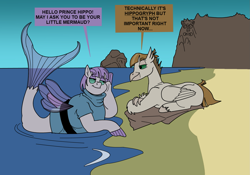 Size: 1631x1139 | Tagged: safe, artist:monterrang, character:maud pie, character:mudbriar, species:hippogriff, species:seapony (g4), ship:maudbriar, episode:surf and/or turf, g4, my little pony: friendship is magic, beach, dialogue, fat, female, hippogriffied, male, maud pudge, ocean, pun, seaponified, shipping, species swap, straight, technically, tumblr:ask fat maud pie