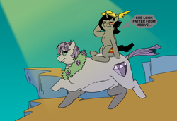 Size: 1640x1128 | Tagged: safe, artist:monterrang, character:maud pie, oc, oc:affetta, species:pony, brunhilde, fat, looney tunes, majestic as fuck, maud pudge, ponies riding ponies, riding, running, sunlight, thought bubble, tumblr:ask fat maud pie, valkyrie, what's opera doc, wreath, wrong cutie mark