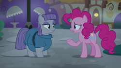 Size: 1280x720 | Tagged: safe, artist:monterrang, edit, edited screencap, screencap, character:maud pie, character:pinkie pie, species:pony, episode:the maud couple, g4, my little pony: friendship is magic, belly, big belly, bingo wings, chubby cheeks, duo, duo female, fat, fat edit, female, maud pudge, night, one hoof raised, ponyville, tight clothing, tumblr:ask fat maud pie