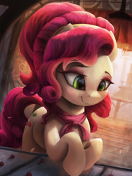 Size: 2250x3000 | Tagged: safe, artist:vanillaghosties, character:cherry jubilee, species:earth pony, species:pony, cherry, cute, female, food, indoors, looking down, mare, raised leg, smiling, solo