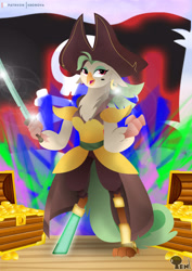 Size: 3508x4961 | Tagged: safe, artist:edonovaillustrator, character:captain celaeno, my little pony: the movie (2017), chest, clothing, female, flag, gold, gold coins, hat, jolly roger, lineless, looking at you, mole, pirate hat, solo, sword, treasure chest, weapon