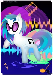 Size: 3508x4961 | Tagged: safe, artist:edonovaillustrator, character:dj pon-3, character:vinyl scratch, species:pony, species:unicorn, eyelashes, female, glasses, horn, lineless, mare, music notes, solo, sound effects, soundwave