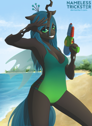 Size: 1024x1401 | Tagged: safe, artist:namelesstrickster, character:queen chrysalis, species:anthro, species:changeling, armpits, beach, breasts, cleavage, clothing, female, looking at you, one-piece swimsuit, salute, seashore, sideboob, smiling, solo, swimsuit, toy