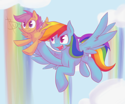 Size: 2950x2450 | Tagged: safe, artist:blackswhites, character:rainbow dash, character:scootaloo, species:pegasus, species:pony, episode:sleepless in ponyville, g4, my little pony: friendship is magic, duo, female, filly, flying, mare, open mouth, scene interpretation, scootalove, spread wings, wing fluff, wings, winsome falls