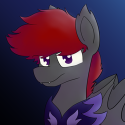 Size: 1024x1024 | Tagged: safe, artist:dark shadow, oc, oc:desthral, species:bat pony, armor, bat pony oc, blue, bust, commission, fangs, gray, night guard, profile picture, purple, red, solo