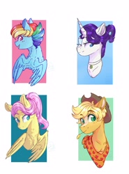 Size: 2403x3241 | Tagged: safe, artist:yomitai, character:applejack, character:fluttershy, character:rainbow dash, character:rarity, species:pony, alternate hairstyle, bust, female, hay stalk, high res, one eye closed, portrait, straw in mouth, wink