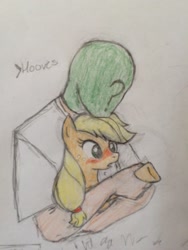 Size: 960x1280 | Tagged: safe, artist:kabayo, character:applejack, oc, oc:anon, species:human, species:pony, blushing, colored, holding a pony, holding hooves, hooves, human on pony hoof holding, pencil drawing, traditional art