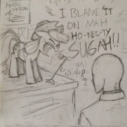 Size: 896x896 | Tagged: safe, artist:kabayo, character:applejack, oc, oc:anon, species:earth pony, species:human, species:pony, awolnation, female, karaoke, lineart, mare, microphone, pencil drawing, pun, sail, screaming, singing, song reference, stage, traditional art