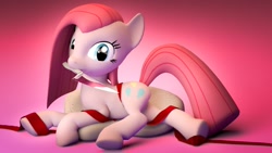 Size: 1200x675 | Tagged: safe, artist:nullpotower, character:pinkamena diane pie, character:pinkie pie, species:earth pony, species:pony, 3d, blender, blender cycles, cycles, cycles render, female, knife, looking at you, mare, prone, ribbon, simple background