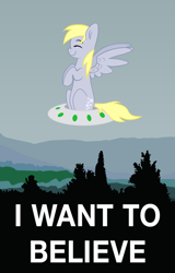Size: 4482x7011 | Tagged: safe, artist:merik1337, artist:taika403, character:derpy hooves, species:pegasus, species:pony, absurd resolution, female, i want to believe, parody, poster, seat, solo, ufo, vector, x-files
