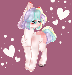 Size: 2034x2128 | Tagged: safe, artist:knaranayama, oc, oc:mochi, species:earth pony, species:pony, abstract background, blushing, chest fluff, commission, female, high res, mare, signature, solo