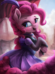 Size: 2250x3000 | Tagged: safe, artist:vanillaghosties, character:pinkie pie, species:earth pony, species:pony, episode:over a barrel, g4, my little pony: friendship is magic, blushing, clothing, cute, diapinkes, dress, female, lidded eyes, mare, open mouth, saloon dress, saloon pinkie, solo