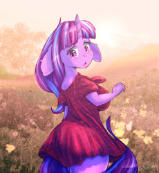 Size: 1914x2084 | Tagged: safe, artist:woofmaple, character:starlight glimmer, species:anthro, species:pony, species:unicorn, clothing, dress, female, flower, grass, looking at you, looking back, meadow, solo, tree