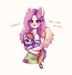 Size: 3850x4000 | Tagged: safe, artist:dressella, character:fluttershy, character:rainbow dash, species:pegasus, species:pony, ship:flutterdash, my little pony:equestria girls, butterfly, cute, cutie mark clothes, cutie mark on clothes, dashabetes, engrish, female, heart, holding a pony, lesbian, mare, pink background, ponied up, shipping, signature, simple background, square crossover, wings