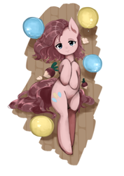 Size: 1736x2456 | Tagged: safe, artist:tomitake, character:pinkamena diane pie, character:pinkie pie, species:earth pony, species:pony, balloon, female, mare, on back, solo