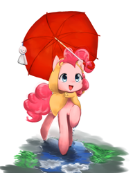 Size: 686x895 | Tagged: safe, artist:tomitake, character:pinkie pie, species:earth pony, species:pony, cute, diapinkes, female, happy, mare, open mouth, raised hoof, solo, umbrella, water