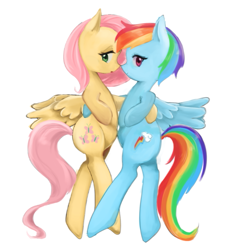 Size: 649x668 | Tagged: safe, artist:tomitake, character:fluttershy, character:rainbow dash, species:pegasus, species:pony, ship:flutterdash, bipedal, female, lesbian, mare, shipping, simple background, white background