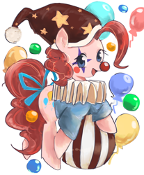 Size: 1378x1666 | Tagged: safe, artist:tomitake, character:pinkie pie, species:earth pony, species:pony, balloon, clothing, clown nose, female, hat, jester, jester pie, looking at you, mare, ruff (clothing), solo