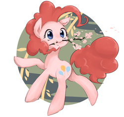 Size: 1459x1377 | Tagged: safe, artist:tomitake, character:pinkie pie, species:earth pony, species:pony, female, flower, mare, mouth hold, solo, stick