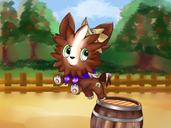 Size: 1024x768 | Tagged: safe, artist:hanaty, character:trouble shoes, species:dog, apple tree, barrel, clothing, crossover, fence, hat, lillipup, male, pokefied, pokémon, solo, species swap, tree