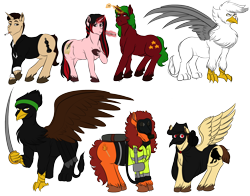 Size: 2100x1650 | Tagged: safe, artist:anxiousshadowpetals, oc, oc only, oc:bright sparks, oc:doctor nevermore, oc:roaring, oc:scarlet letter, oc:tinderspark, oc:whitestone, oc:zugzwang, species:bird, species:crow, species:pegasus, species:pony, species:unicorn, fanfic:ponyville noire, antagonist, bullet, cigarette, cigarette holder, commission, fanfic art, flamethrower, gas mask, griffon oc, mask, plague doctor, plague doctor mask, scar, scowling, simple background, sword, transparent background, weapon